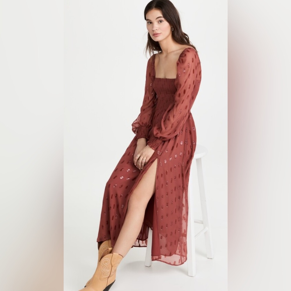 OPT Classic Smocked Burgundy Puff Sleeve Polka Dot Maxi Dress | Small NWT